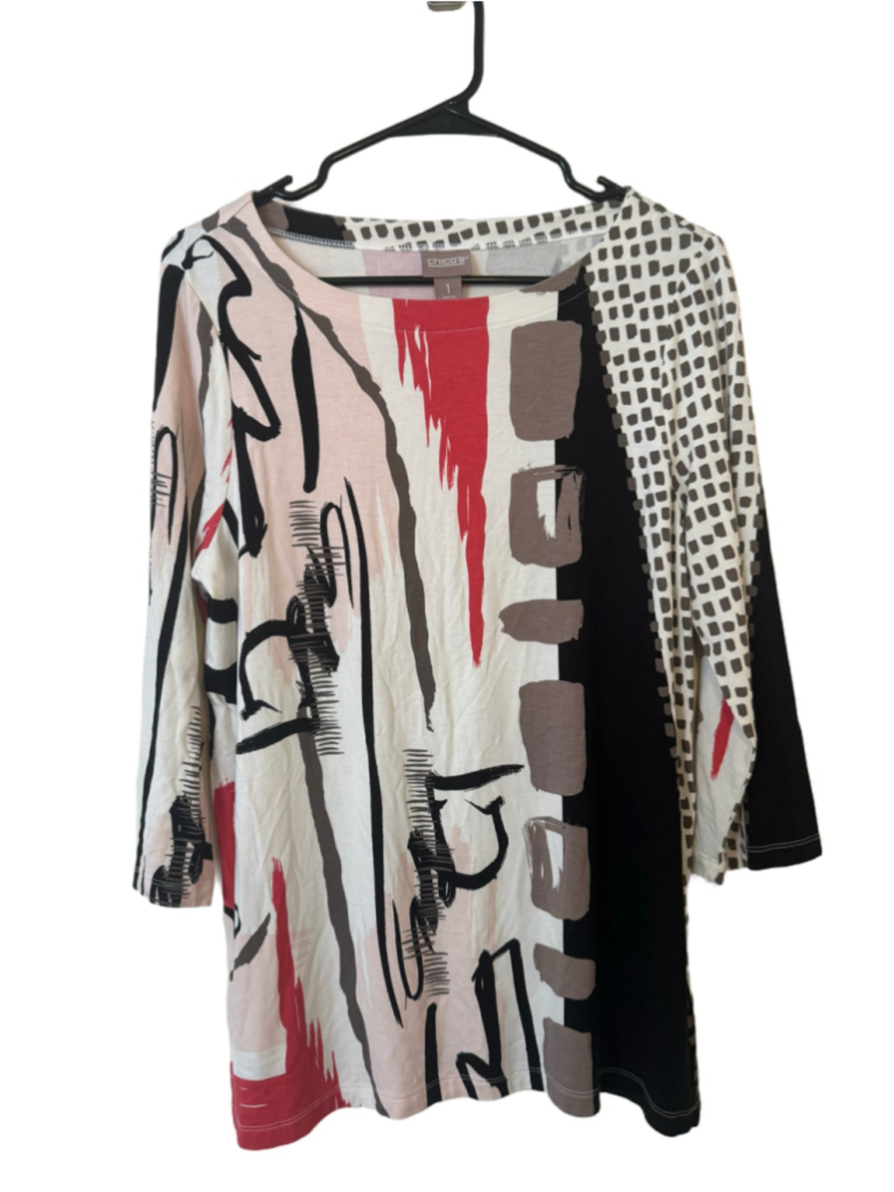 Chico's Abstract Print Long Sleeve Tee, Size S, White/Black/Red
